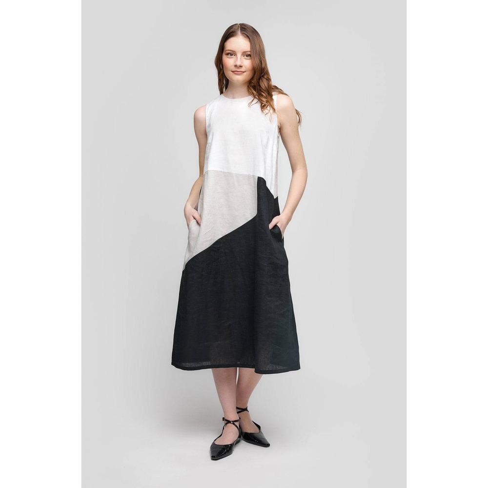 For Cynthia Colorblock Linen Blend Sleeveless Midi Shift Dress Grey Black Small